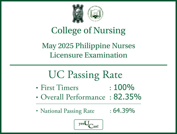 Congratulations to UC College of Nursing for achieving a 100% passing rate for first-time takers and an overall performance rate of 82.35% in the May 2025 Philippine Nurses Licensure Examination!