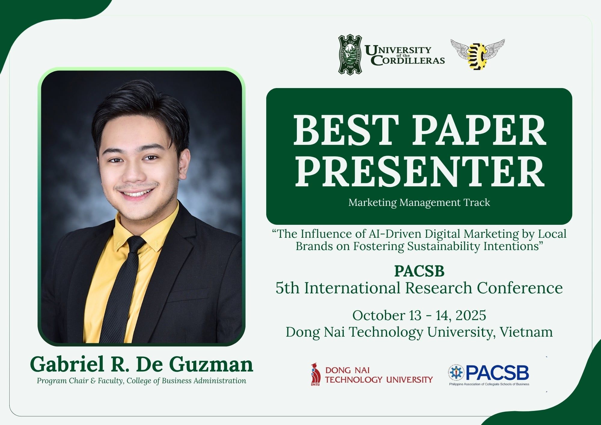 De Guzman, CBA Faculty Received Best Paper Presenter Award at International Research Conference
