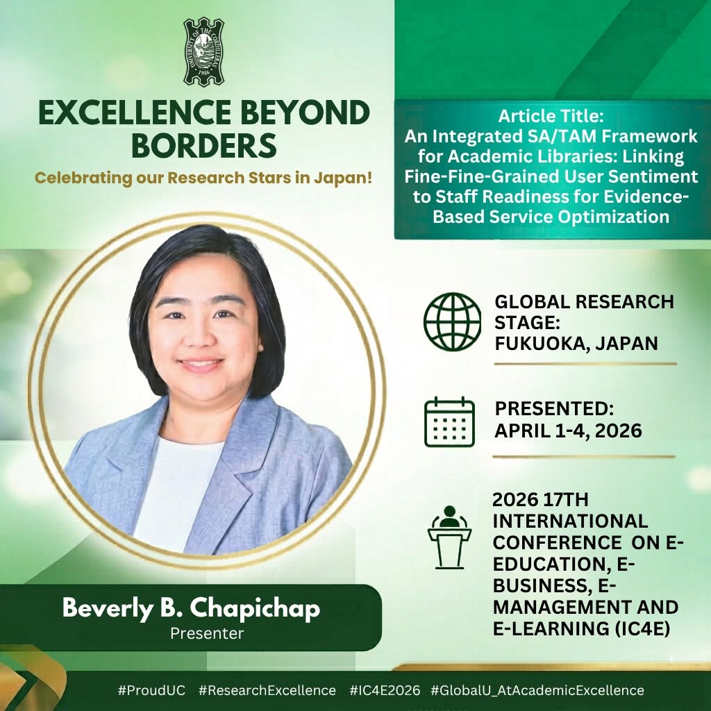 The University of the Cordilleras proudly congratulates Ms. Beverly B. Chapichap, UC Libraries Director, for representing the institution at the 2026 17th International Conference on E-Business, E-Management and E-Learning (IC4E) in Fukuoka, Japan.